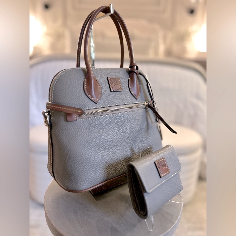 Dooney And Bourke Pebble Leather Domed Satchel In Taupe With Wallet